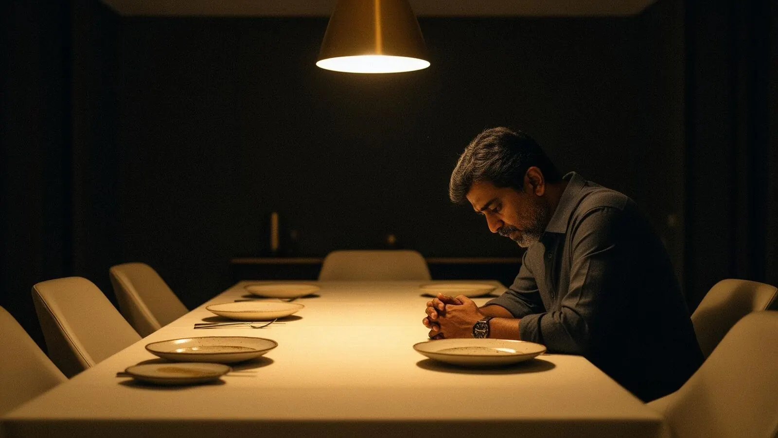 A father sits alone at a long dining table in a luxurious dim home