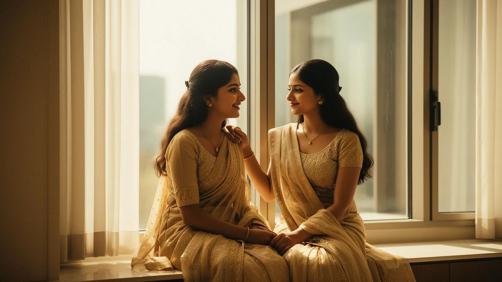 A mother and daughter in warm conversation at a sunlit window